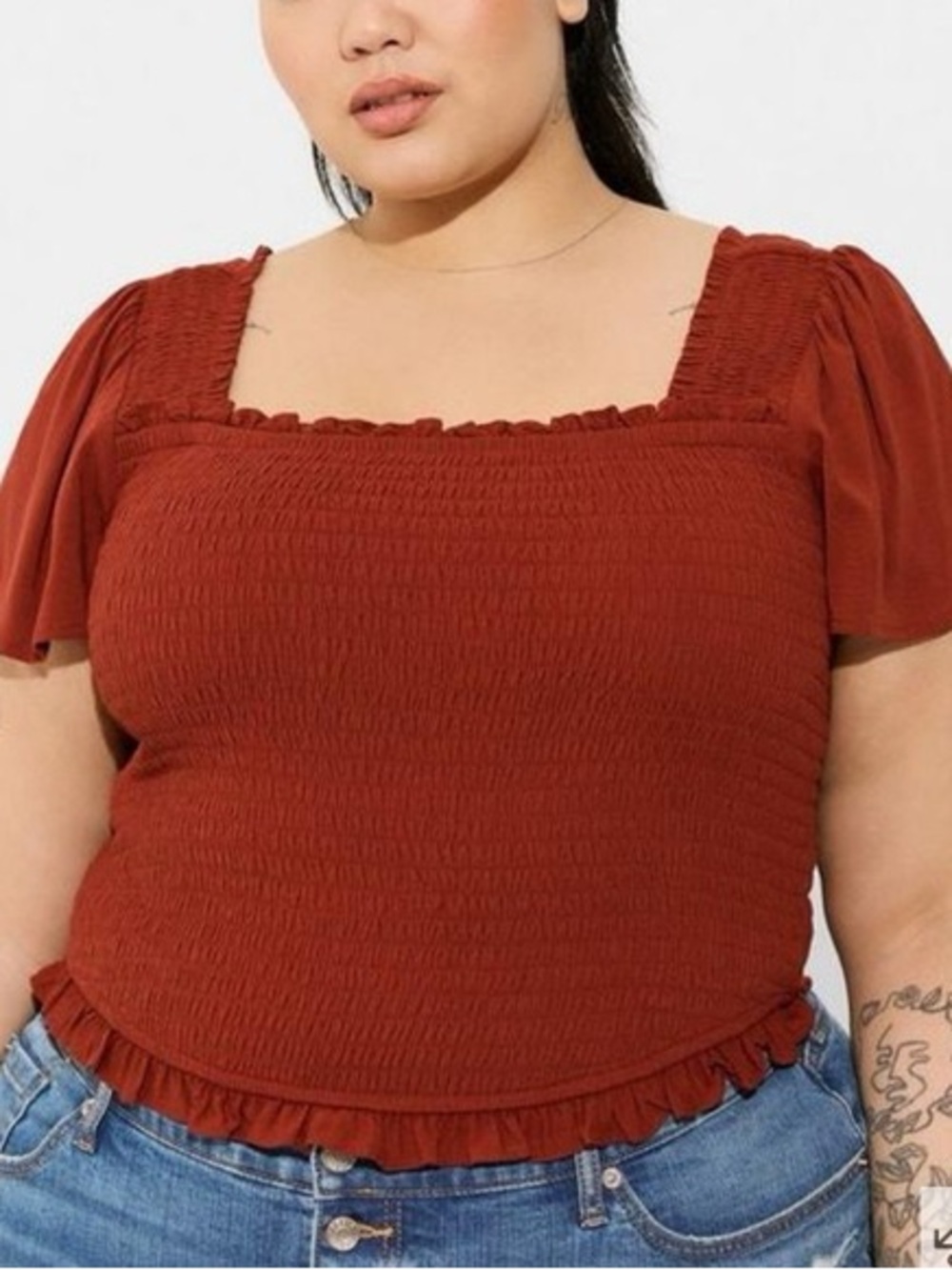 Torrid Smocked Rust Smocked Square-Neck Top 1x